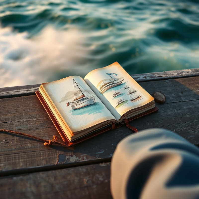 Traveler’s Worn Leather Journal Resting Open on a Wea...