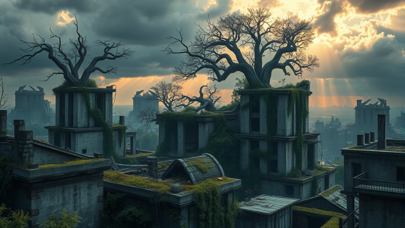 Trees Growing Through Ruined Cityscape at Sunset