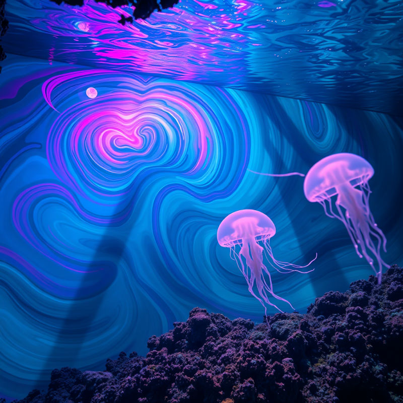 Two Glowing Pink Jellyfish Drift Through a Surreal,