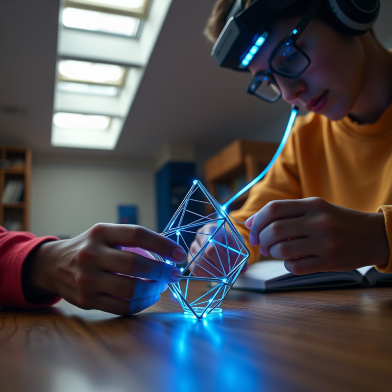 Two Teens Collaborate on a Glowing Blue Geometric