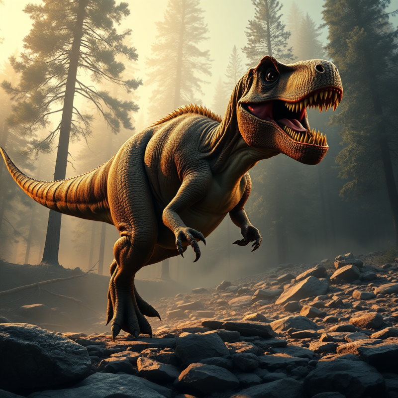 Tyrannosaurus Rex in Misty Forest at Dawn