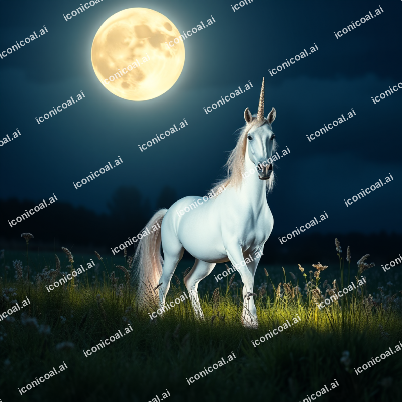 Unicorn In Moonlit Meadow Magical Creature Fantasy