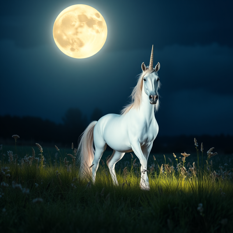 Unicorn in Moonlit Meadow Magical Creature Fantasy