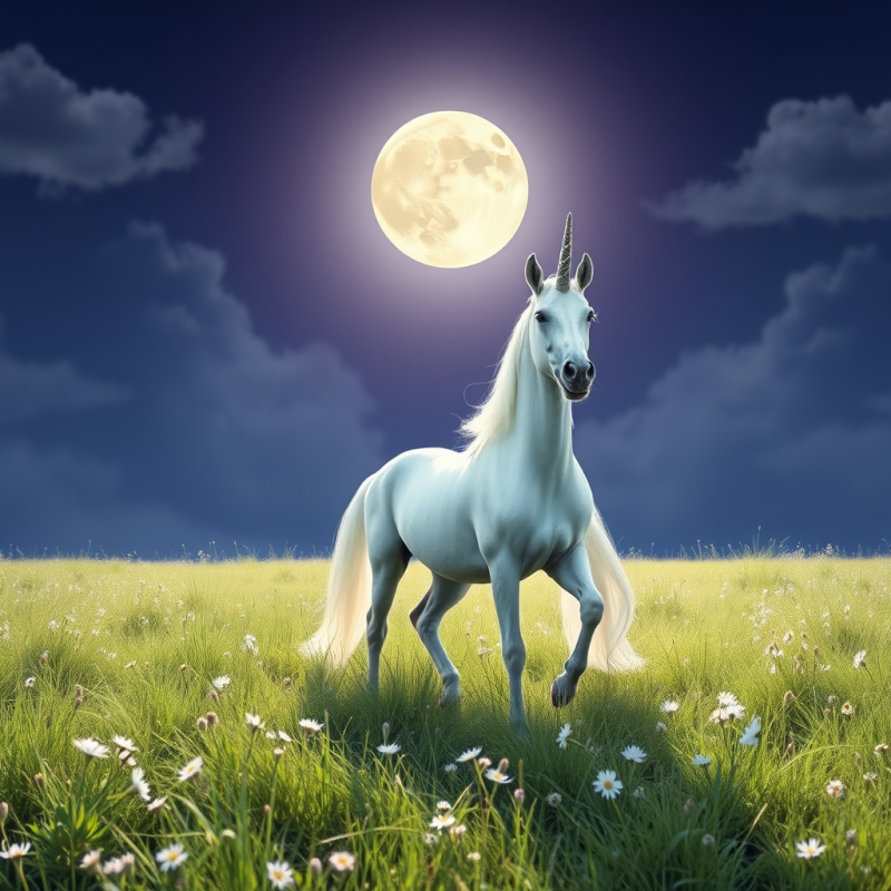 Unicorn in Moonlit Meadow Magical Creature Fantasy