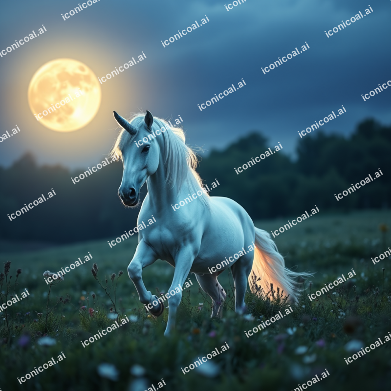 Unicorn In Moonlit Meadow Magical Creature Fantasy