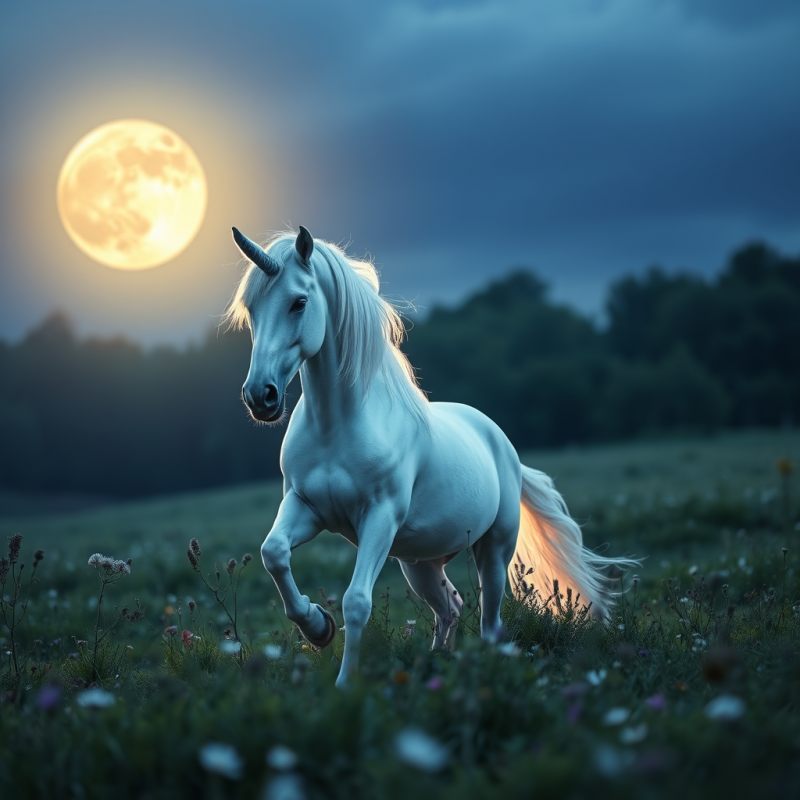Unicorn in Moonlit Meadow Magical Creature Fantasy