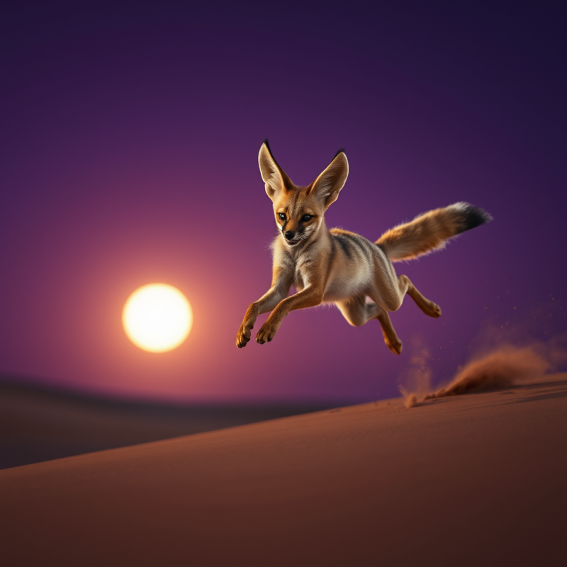 Velvet-coated Fennec Fox Curled Mid-leap in a Moonlit D...