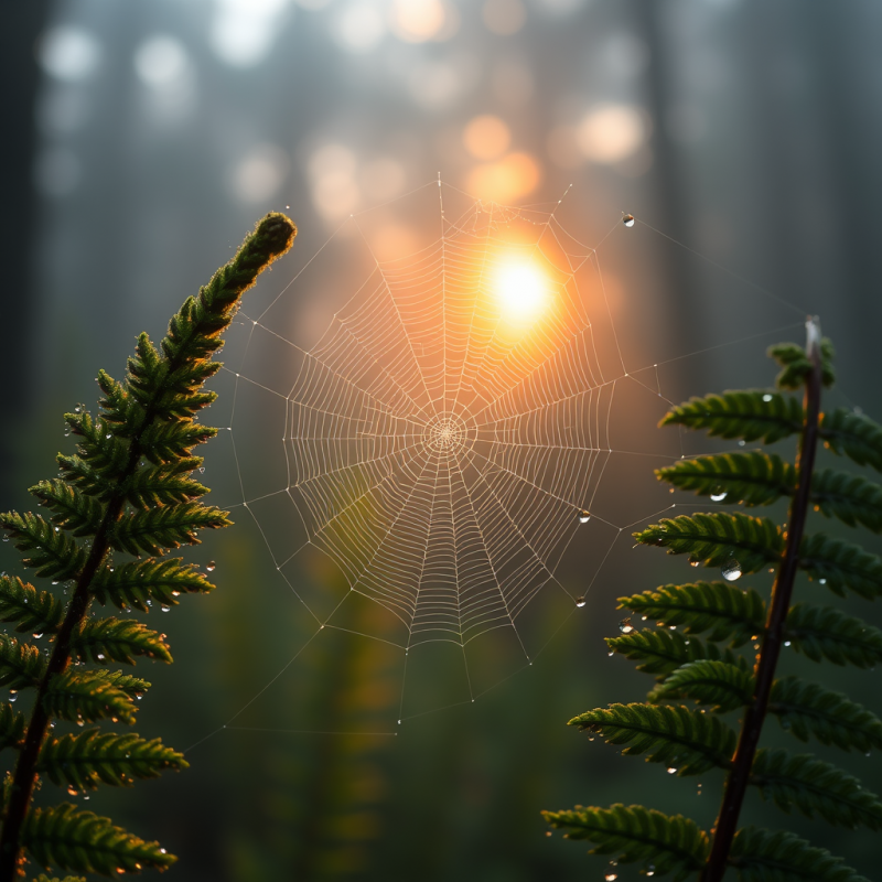 Vertical Macro Shot of a Single Dew-covered Spiderweb G...