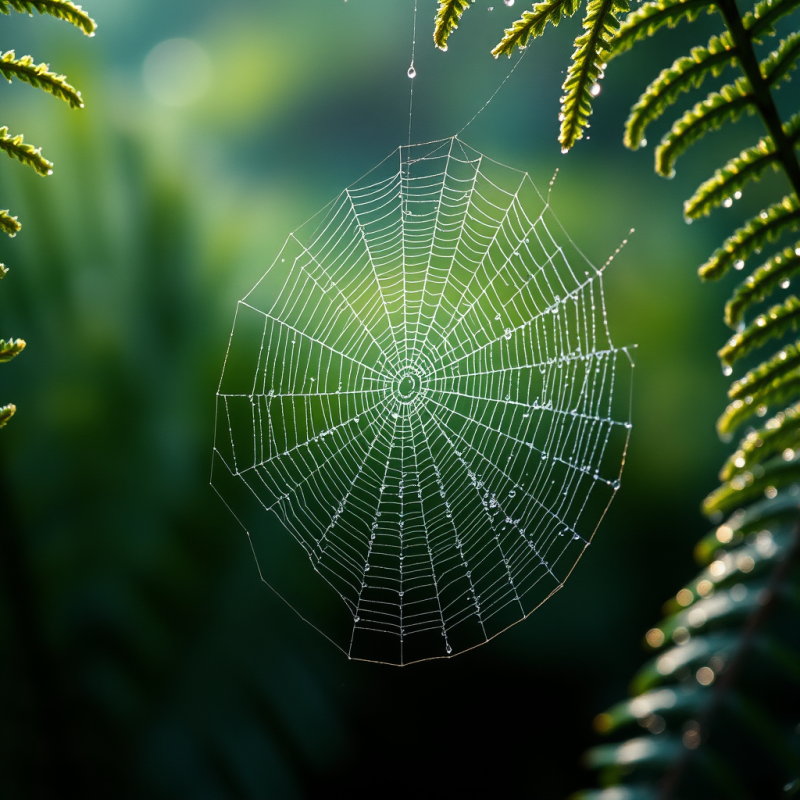 Vertical Macro Shot of Dew-covered Spiderwebs Glistenin...