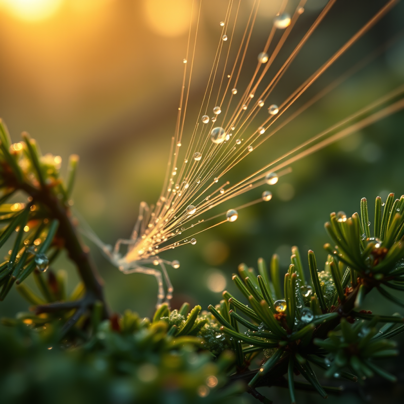 Vertical Macro Shot of Dew-kissed Spider Silk Strands G...
