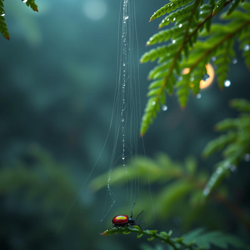 Vertical Macro Shot of Dew-laden Spider Silk Strands Gl...