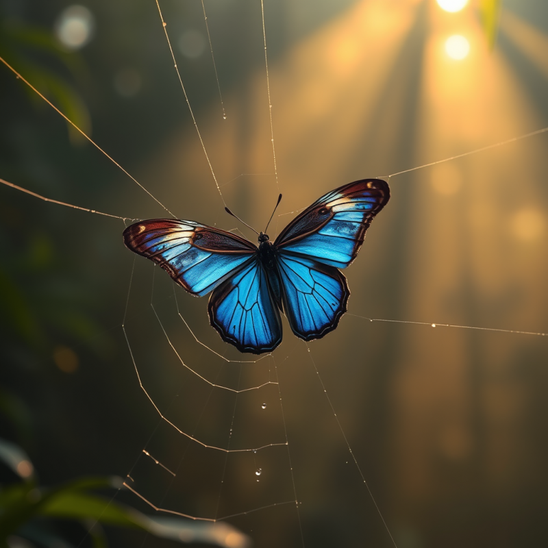 Vibrant Blue Butterfly Is Caught in a Dew-covered