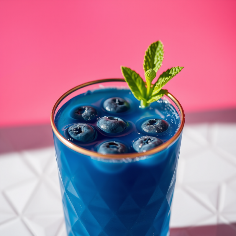 Vibrant Blue Drink Topped with Blueberries and Mint,