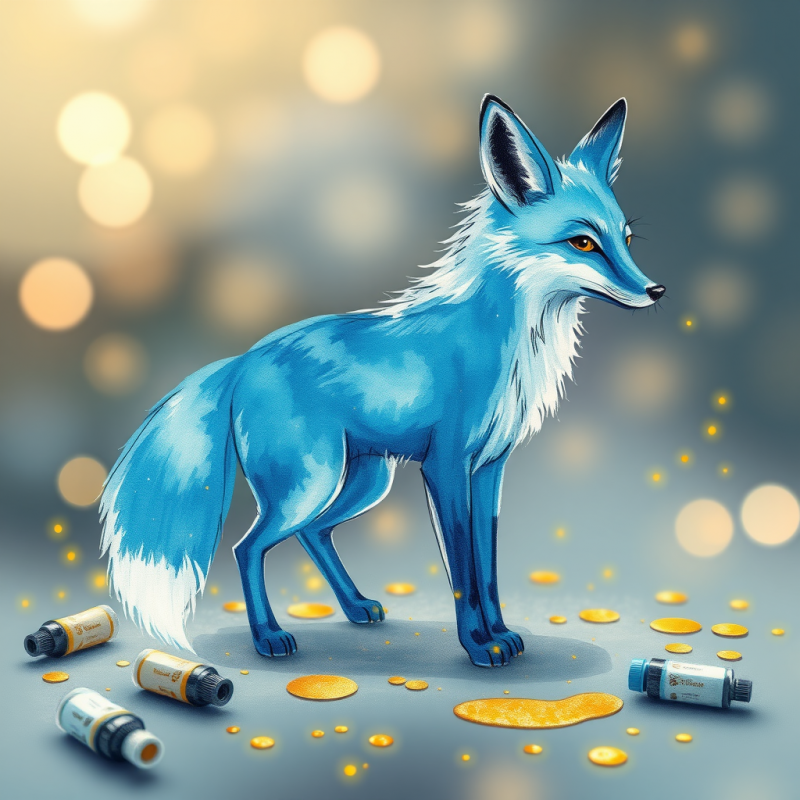 Vibrant Blue Fox Stands Gracefully Among Scattered