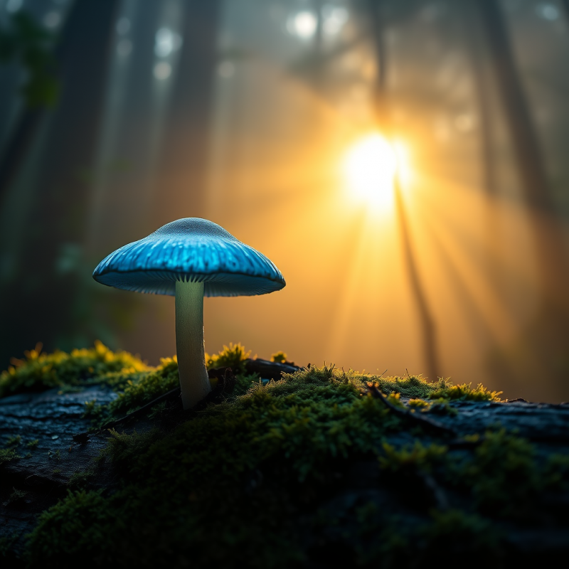 Vibrant Blue Mushroom Grows on Mossy Ground, Bathed
