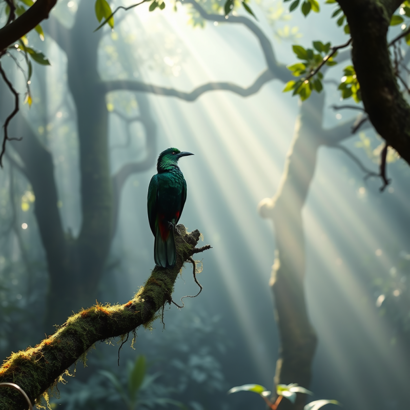 Vibrant Emerald Bird Perches on a Mossy Branch as