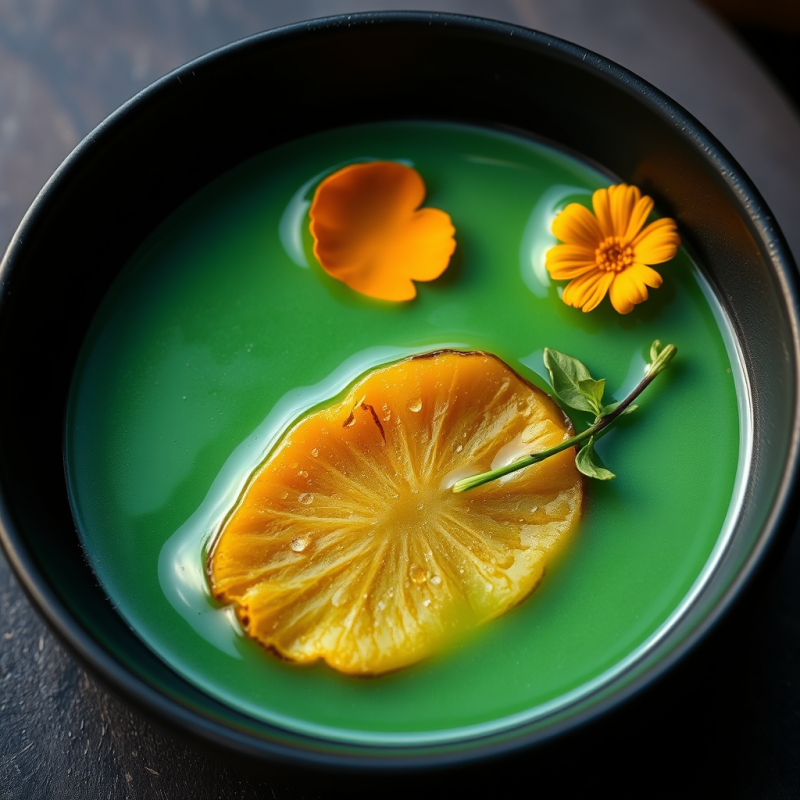 Vibrant Green Soup in a Black Bowl, Garnished with a