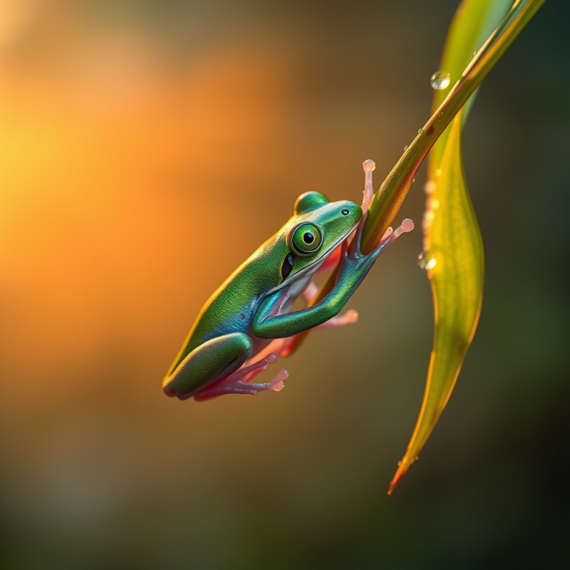 Vibrant Green Tree Frog Clings to a Dew-covered Leaf