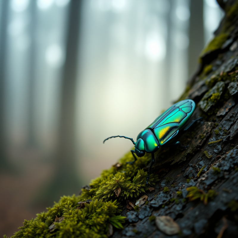 Vibrant, Iridescent Beetle Crawls Along Moss-covered