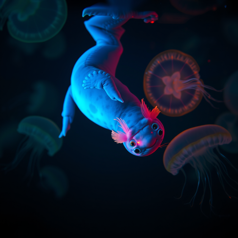 Vibrant, Neon-blue Axolotl with Pink Gills Swims
