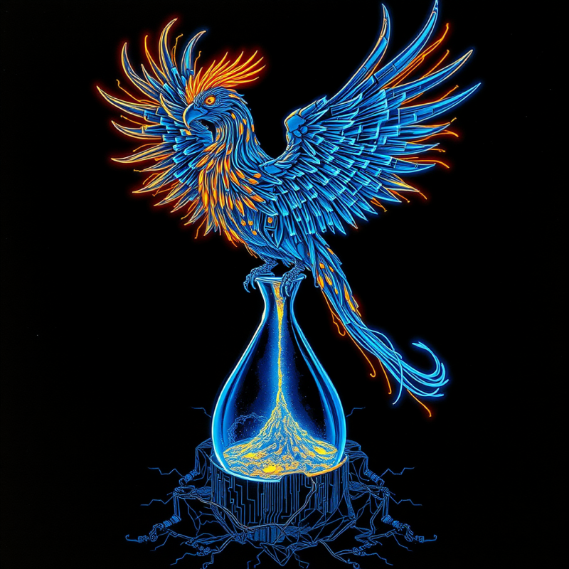 Vibrant, Neon-blue Phoenix with Fiery Orange Accents