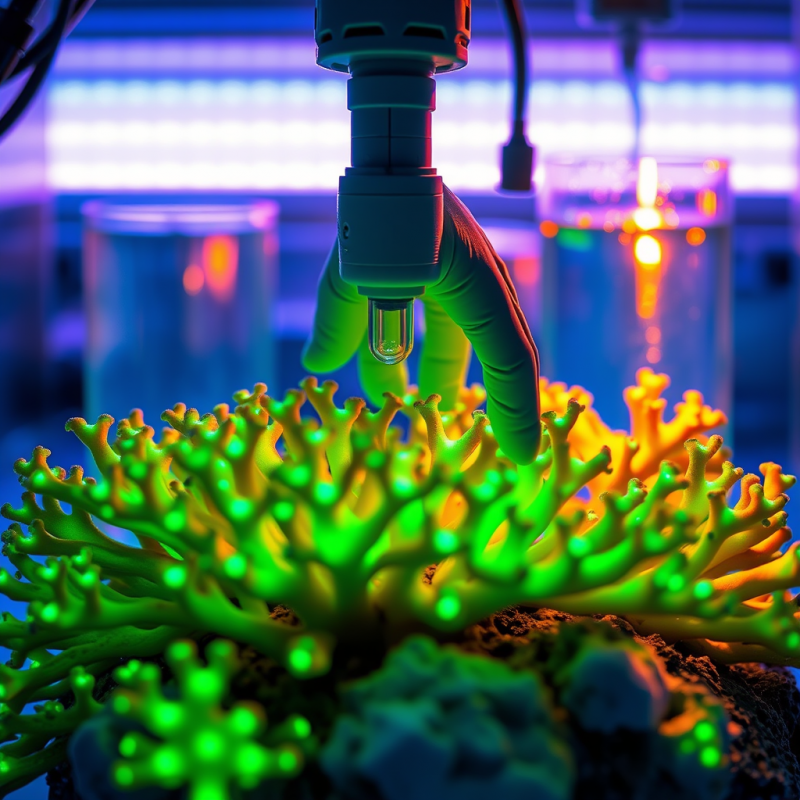 Vibrant Neon-green Coral Under Uv Light, Examined by a