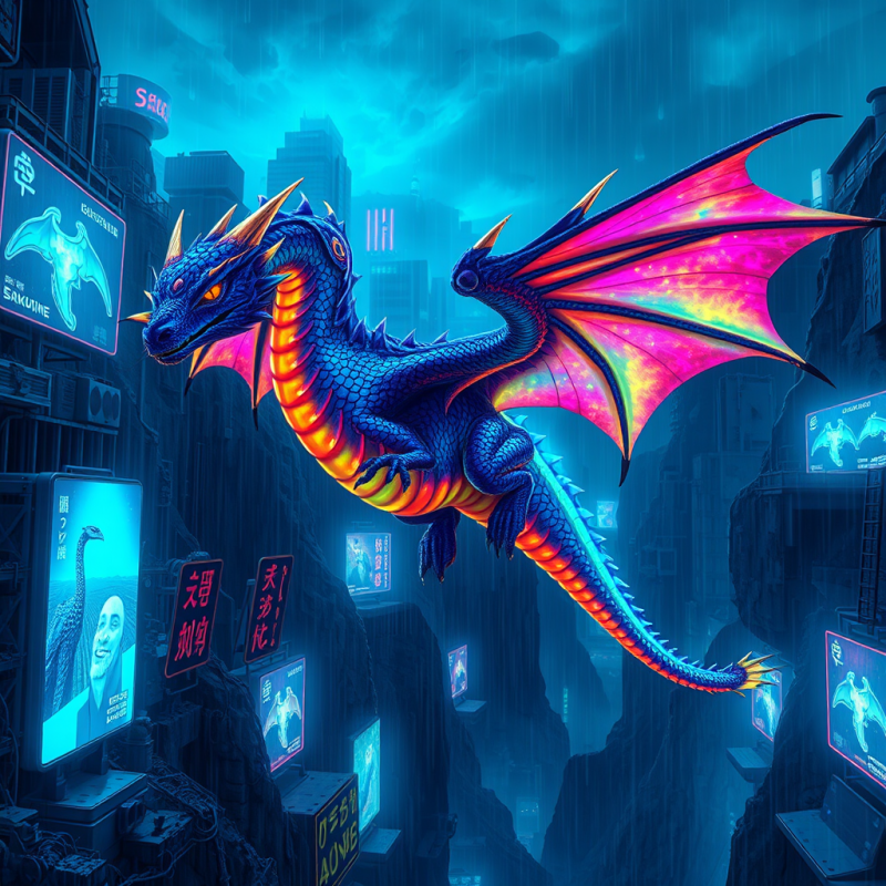 Vibrant, Neon-lit Dragon Flies Through a