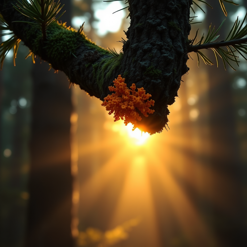 Vibrant Orange Fungus Blooms on a Moss-covered Tree