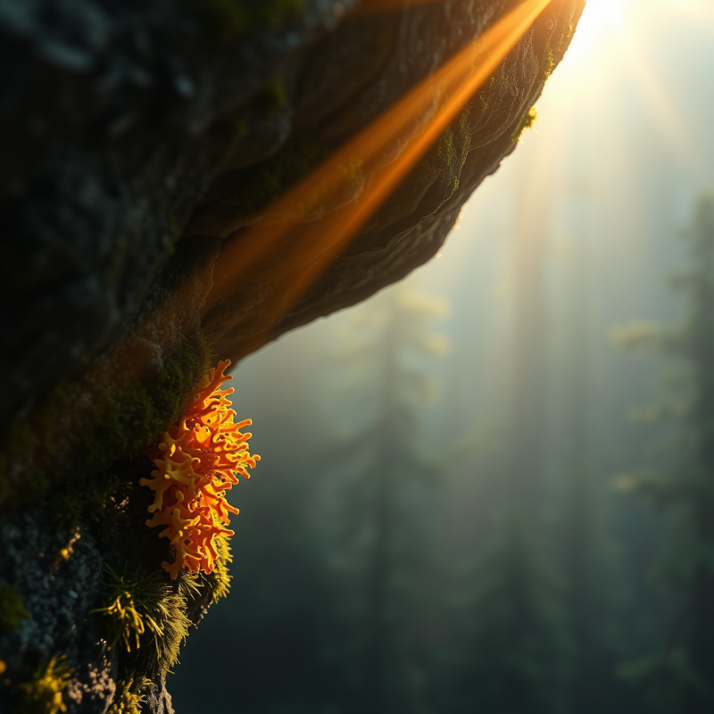 Vibrant Orange Lichen Glows Under a Sunbeam Piercing