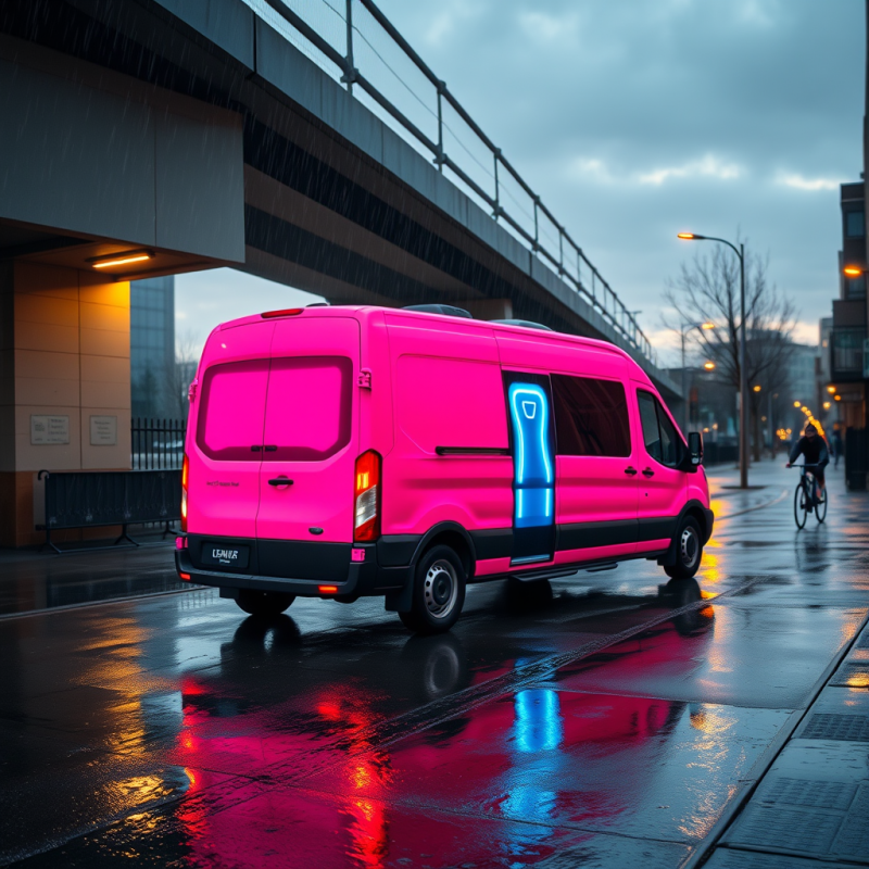 Vibrant Pink Van with Glowing Blue Door Accents