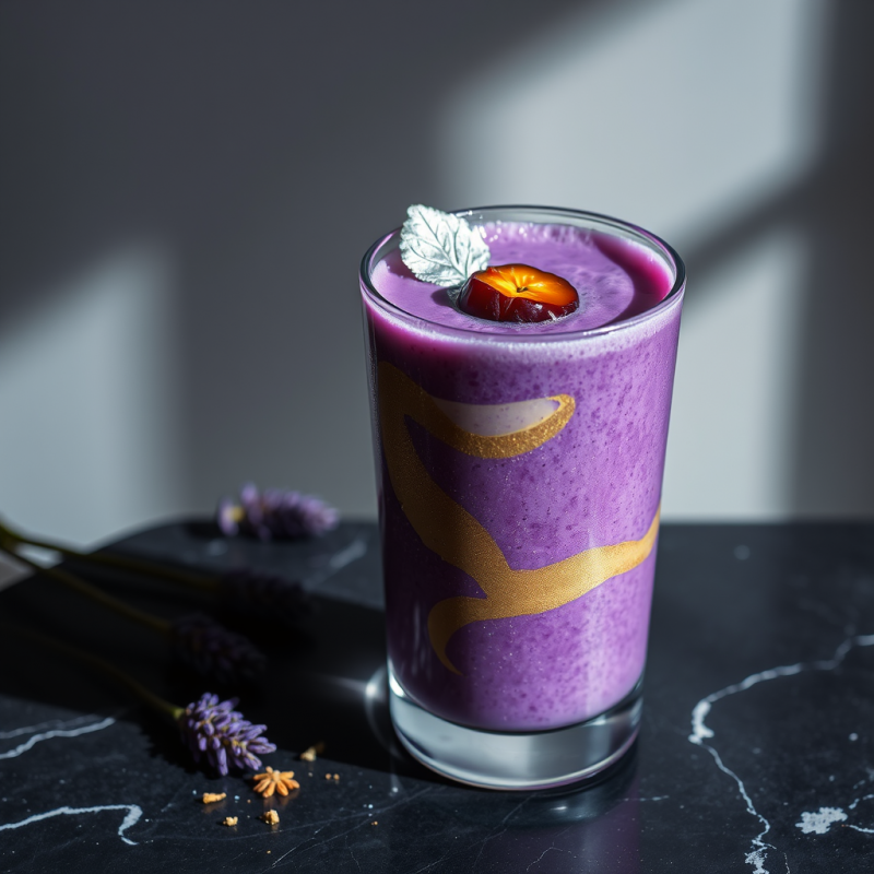 Vibrant Purple Smoothie in a Glass with Gold Swirls,