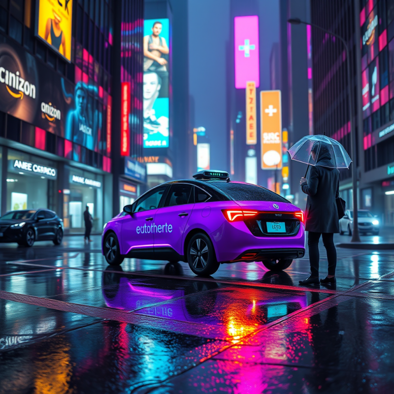 Vibrant Purple Taxi Waits on a Wet, Neon-lit City