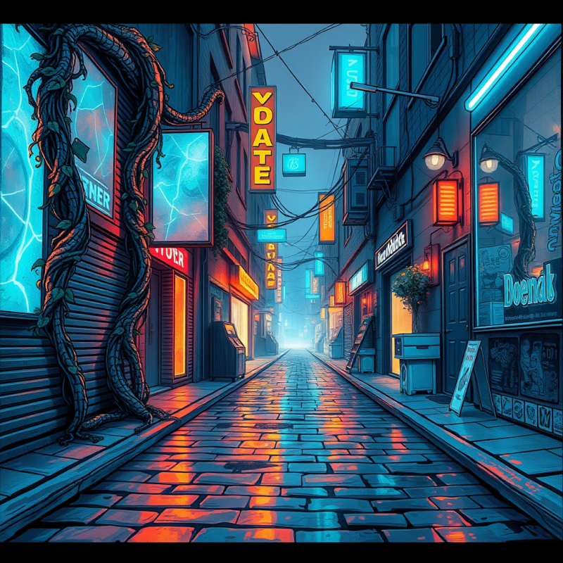 Vibrant, Rain-slicked Alleyway Bathed in Neon Lights