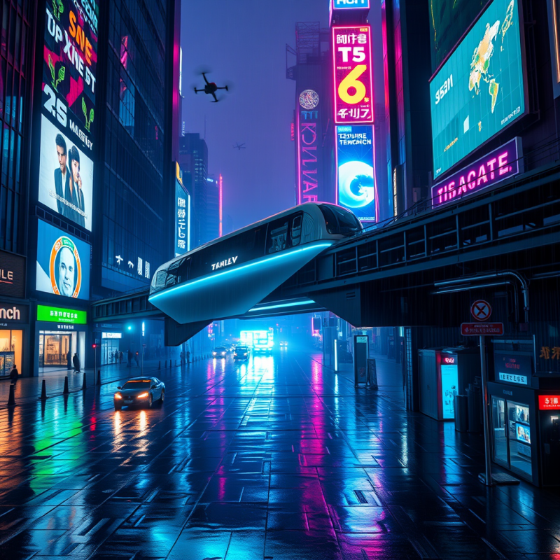 Vibrant, Rain-slicked Cyberpunk Street Illuminated