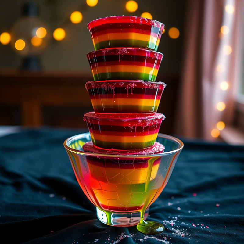 Vibrant Rainbow-layered Jell-o Cups Stacked in a Glass
