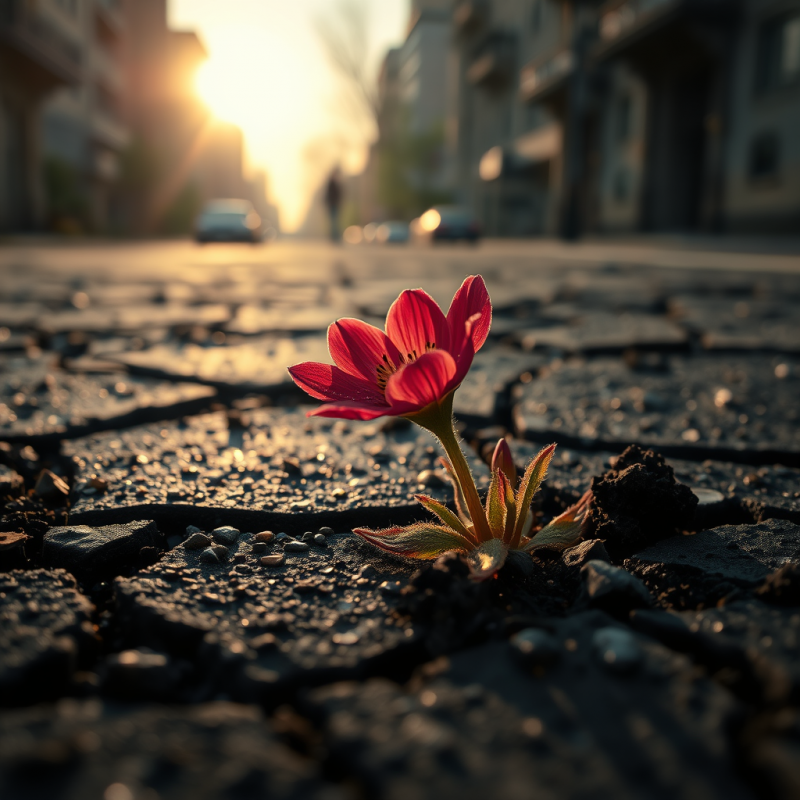 Vibrant Red Flower Emerges from Cracked Asphalt