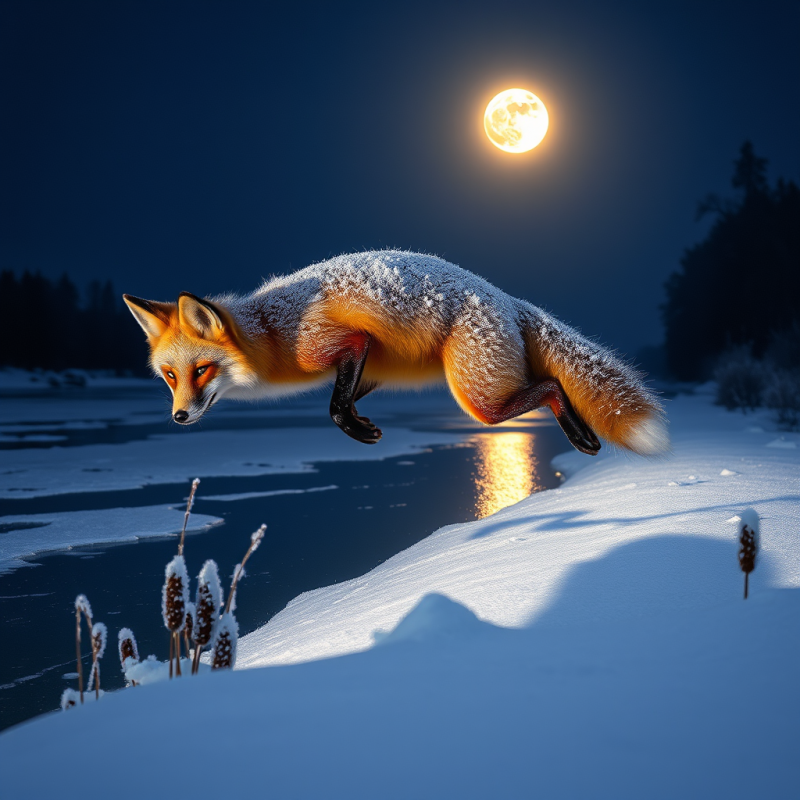 Vibrant Red Fox Leaps Gracefully Over a Frozen River