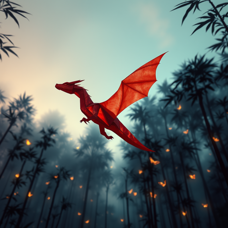 Vibrant Red Origami Dragon Soars Gracefully Through