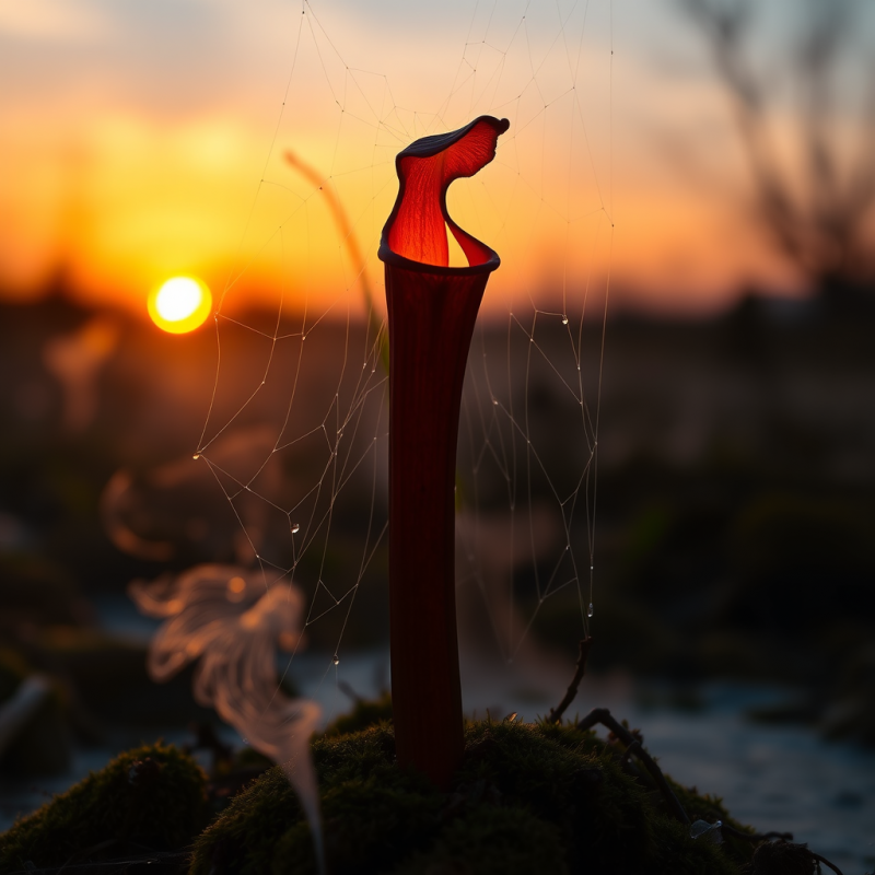 Vibrant Red Pitcher Plant Glows at Sunset, Framed by
