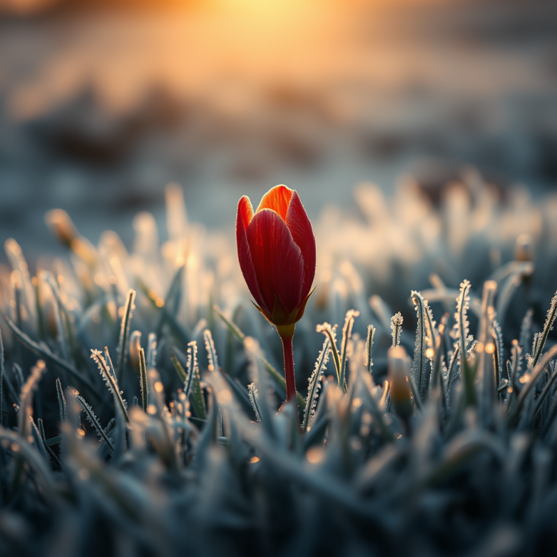 Vibrant Red Tulip Emerges from Frost-covered Grass