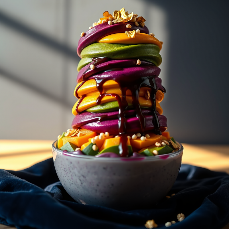 Vibrant, Stacked Smoothie Bowl with Purple, Green,