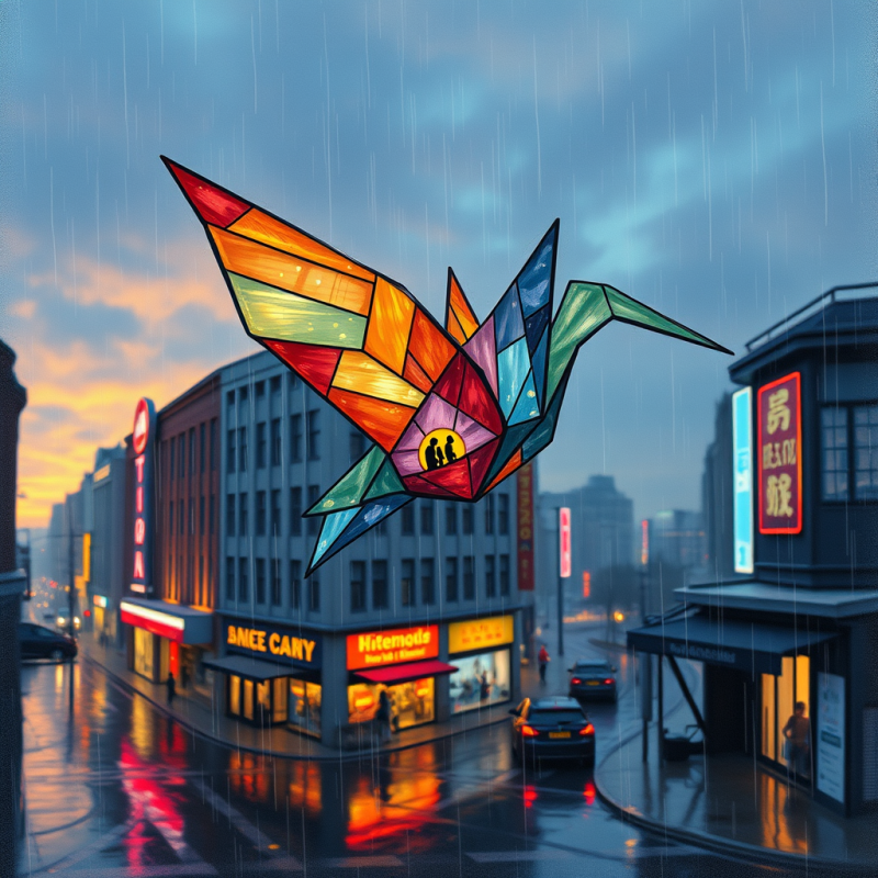 Vibrant Stained Glass Crane Soars Over a Rainy Urban