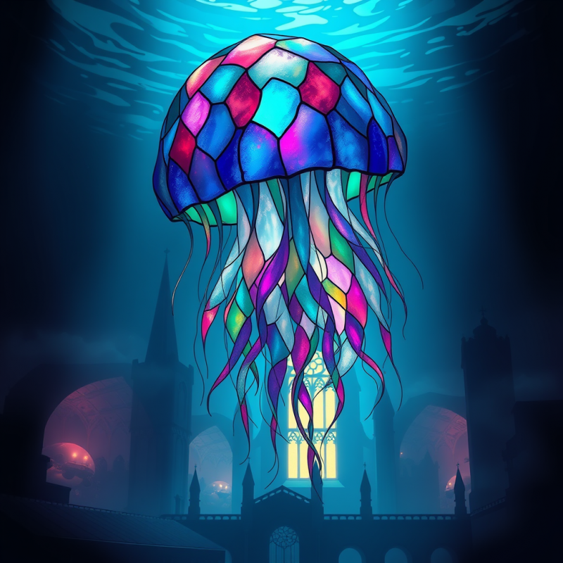 Vibrant Stained-glass Jellyfish Floats Above a