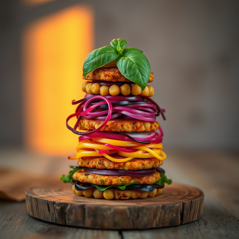 Vibrant, Towering Vegan Burger with Chickpeas,
