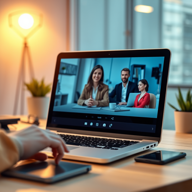 Video Conference Call on Laptop Screen Showing Remote Tea...
