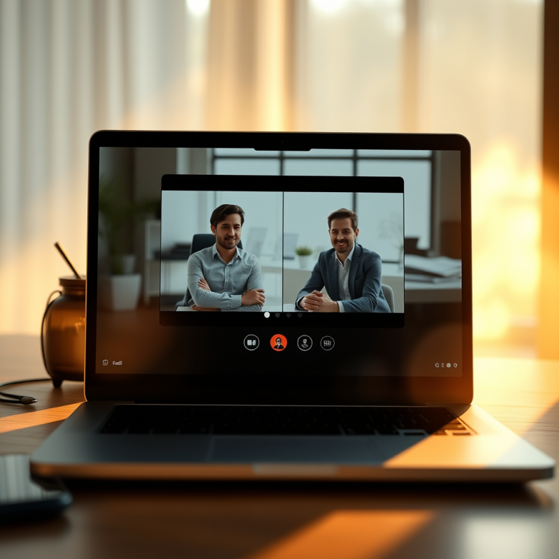 Video Conference Call on Laptop Screen Showing Remote Tea...