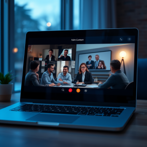 Video Conference Call On Laptop Screen Showing Remote Tea...