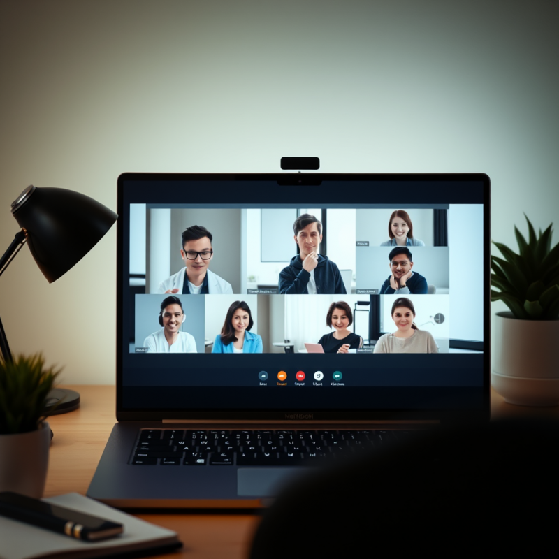 Video Conference Call on Laptop Screen Showing Remote Tea...