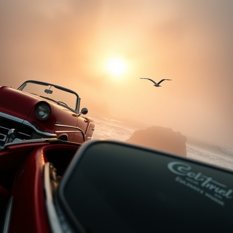 Vintage 1950s Red Convertible Parked on a Misty Coastal...
