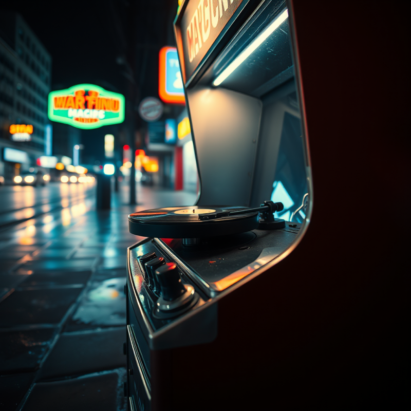 Vintage Arcade Machine Glows Under Neon Signs on a